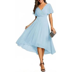 image:imageEverPretty Womens Summer Chiffon Formal Wedding Guest Dresses Pleated VNeck Short Sleeves Cocktail Dress 01923Sky Blue