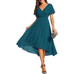 image:imageEverPretty Womens Summer Chiffon Formal Wedding Guest Dresses Pleated VNeck Short Sleeves Cocktail Dress 01923Teal