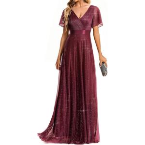 image:imageEverPretty Womens Summer Glitter Formal Dresses Evening Gown V Neck Short Sleeves Floor Length Mother of Bride Dress 50159Burgundy