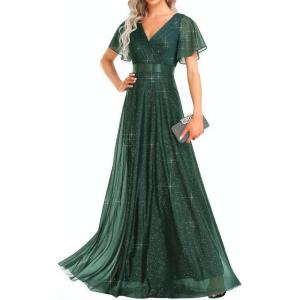 image:imageEverPretty Womens Summer Glitter Formal Dresses Evening Gown V Neck Short Sleeves Floor Length Mother of Bride Dress 50159Dark Green