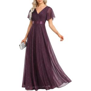 image:imageEverPretty Womens Summer Glitter Formal Dresses Evening Gown V Neck Short Sleeves Floor Length Mother of Bride Dress 50159Dark Purple