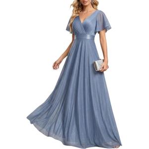 image:imageEverPretty Womens Summer Glitter Formal Dresses Evening Gown V Neck Short Sleeves Floor Length Mother of Bride Dress 50159Dusty Navy