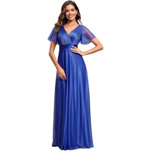 image:imageEverPretty Womens Summer Glitter Formal Dresses Evening Gown V Neck Short Sleeves Floor Length Mother of Bride Dress 50159Sapphire Blue