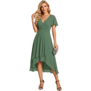 image:imageEverPretty Womens Wedding Guest Dress Chiffon V Neck Ruched Short Sleeves Midi High Low Birthday Semi Formal Dresses 02088Moss Green