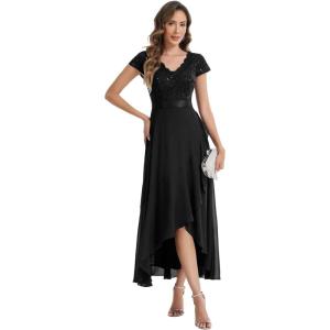 image:imageEverPretty Womens VNeck Short Sleeves Mother of Bride Dresses Chiffon HighLow Asymmetrical Hem Semi Formal Dress 02644Black