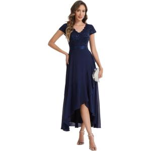 image:imageEverPretty Womens VNeck Short Sleeves Mother of Bride Dresses Chiffon HighLow Asymmetrical Hem Semi Formal Dress 02644Navy Blue