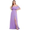 image:imageEverPretty Womens Elegant Off The Shoulder Side Split Flowy Chiffon Maxi Bridesmaid Dress Formal Wedding Guest Dresses 0968Lavender