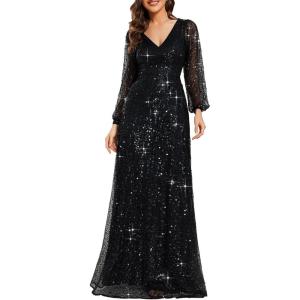 image:imageEver Pretty Womens Elegant Formal Evening Dresses V Neck ALine Floor Length Long Sleeves Sequin Holiday Party DressBlack