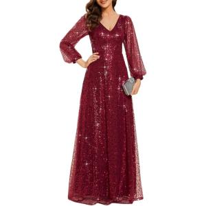 image:imageEver Pretty Womens Elegant Formal Evening Dresses V Neck ALine Floor Length Long Sleeves Sequin Holiday Party DressBurgundy