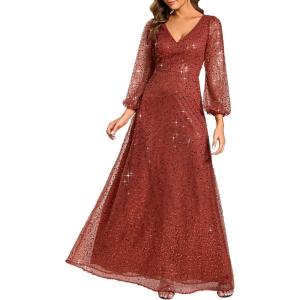 image:imageEver Pretty Womens Elegant Formal Evening Dresses V Neck ALine Floor Length Long Sleeves Sequin Holiday Party DressBurnt Orange