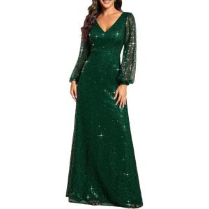 image:imageEver Pretty Womens Elegant Formal Evening Dresses V Neck ALine Floor Length Long Sleeves Sequin Holiday Party DressDark Green