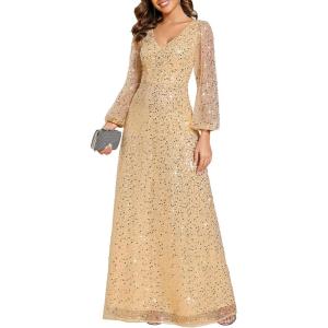 image:imageEver Pretty Womens Elegant Formal Evening Dresses V Neck ALine Floor Length Long Sleeves Sequin Holiday Party DressGold