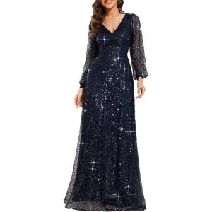 image:imageEver Pretty Womens Elegant Formal Evening Dresses V Neck ALine Floor Length Long Sleeves Sequin Holiday Party DressNavy Blue
