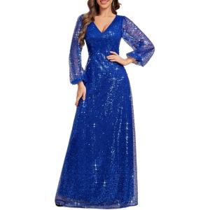 image:imageEver Pretty Womens Elegant Formal Evening Dresses V Neck ALine Floor Length Long Sleeves Sequin Holiday Party DressSapphire Blue