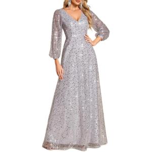 image:imageEver Pretty Womens Elegant Formal Evening Dresses V Neck ALine Floor Length Long Sleeves Sequin Holiday Party DressSilver
