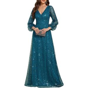 image:imageEver Pretty Womens Elegant Formal Evening Dresses V Neck ALine Floor Length Long Sleeves Sequin Holiday Party DressTeal