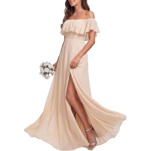 image:imageEverPretty Womens Elegant Off The Shoulder Side Split Flowy Chiffon Maxi Bridesmaid Dress Formal Wedding Guest Dresses 0968Blush