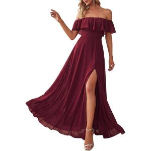 image:imageEverPretty Womens Elegant Off The Shoulder Side Split Flowy Chiffon Maxi Bridesmaid Dress Formal Wedding Guest Dresses 0968Burgundy1