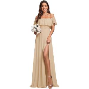 image:imageEverPretty Womens Elegant Off The Shoulder Side Split Flowy Chiffon Maxi Bridesmaid Dress Formal Wedding Guest Dresses 0968Champagne