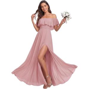 image:imageEverPretty Womens Elegant Off The Shoulder Side Split Flowy Chiffon Maxi Bridesmaid Dress Formal Wedding Guest Dresses 0968Dusty Rose