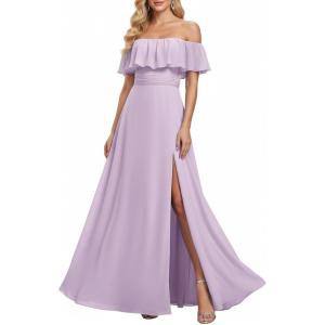 image:imageEverPretty Womens Elegant Off The Shoulder Side Split Flowy Chiffon Maxi Bridesmaid Dress Formal Wedding Guest Dresses 0968Frosted Lilac