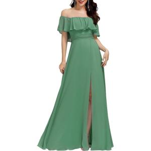 image:imageEverPretty Womens Elegant Off The Shoulder Side Split Flowy Chiffon Maxi Bridesmaid Dress Formal Wedding Guest Dresses 0968Green