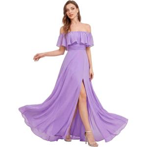 image:imageEverPretty Womens Elegant Off The Shoulder Side Split Flowy Chiffon Maxi Bridesmaid Dress Formal Wedding Guest Dresses 0968Lavender