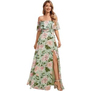 image:imageEverPretty Womens Elegant Off The Shoulder Side Split Flowy Chiffon Maxi Bridesmaid Dress Formal Wedding Guest Dresses 0968Light Green Floral