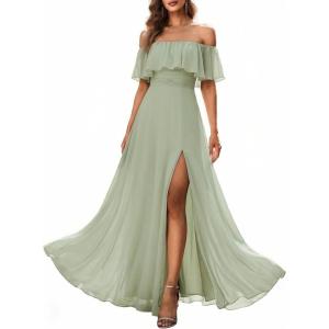 image:imageEverPretty Womens Elegant Off The Shoulder Side Split Flowy Chiffon Maxi Bridesmaid Dress Formal Wedding Guest Dresses 0968Mint Green