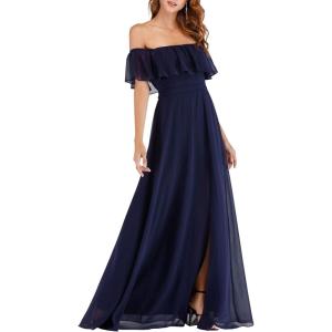 image:imageEverPretty Womens Elegant Off The Shoulder Side Split Flowy Chiffon Maxi Bridesmaid Dress Formal Wedding Guest Dresses 0968Navy