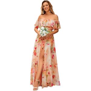 image:imageEverPretty Womens Elegant Off The Shoulder Side Split Flowy Chiffon Maxi Bridesmaid Dress Formal Wedding Guest Dresses 0968Peach Fuzz