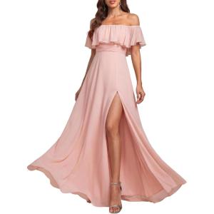 image:imageEverPretty Womens Elegant Off The Shoulder Side Split Flowy Chiffon Maxi Bridesmaid Dress Formal Wedding Guest Dresses 0968Pink