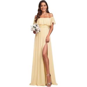 image:imageEverPretty Womens Elegant Off The Shoulder Side Split Flowy Chiffon Maxi Bridesmaid Dress Formal Wedding Guest Dresses 0968Yellow