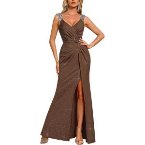 image:imageEverPretty Womens Glitter Sleeveless VNeck Formal Wedding Guest Dresses Sexy High Split Bodycon Prom Dress Evening GownCoffee