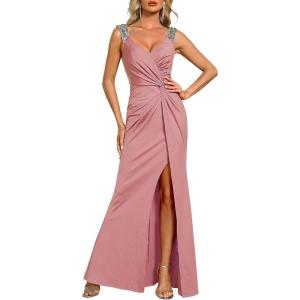image:imageEverPretty Womens Glitter Sleeveless VNeck Formal Wedding Guest Dresses Sexy High Split Bodycon Prom Dress Evening GownDusty Rose