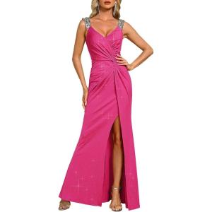 image:imageEverPretty Womens Glitter Sleeveless VNeck Formal Wedding Guest Dresses Sexy High Split Bodycon Prom Dress Evening GownHot Pink