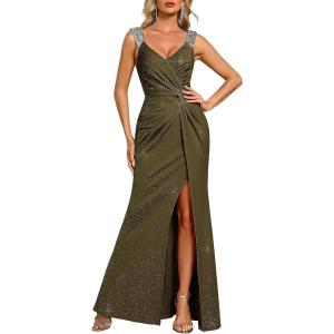 image:imageEverPretty Womens Glitter Sleeveless VNeck Formal Wedding Guest Dresses Sexy High Split Bodycon Prom Dress Evening GownOlive Green
