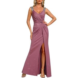image:imageEverPretty Womens Glitter Sleeveless VNeck Formal Wedding Guest Dresses Sexy High Split Bodycon Prom Dress Evening GownOrchid
