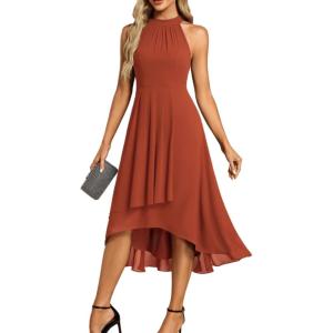 image:imageEverPretty Womens Sexy Halter Neck Pleated Sleeveless HiLo Chiffon Spring Wedding Guest Dress Cocktail Dresses 31926Burnt Orange
