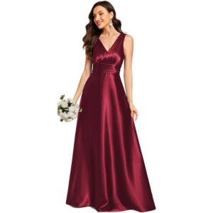 image:imageEverPretty Womens Spring Satin V Neck Formal Wedding Guest Dress Floor Length Empire Waist Prom Dresses with PocketsBurgundy