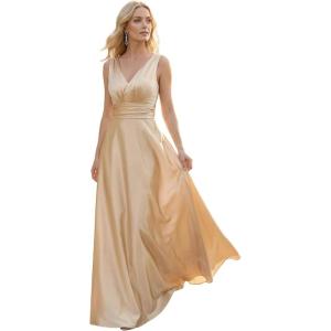image:imageEverPretty Womens Spring Satin V Neck Formal Wedding Guest Dress Floor Length Empire Waist Prom Dresses with PocketsChampagne