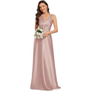 image:imageEverPretty Womens Spring Satin V Neck Formal Wedding Guest Dress Floor Length Empire Waist Prom Dresses with PocketsMauve