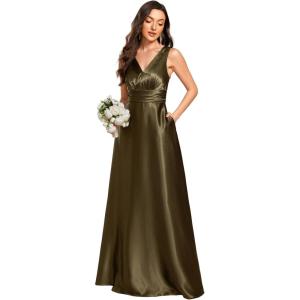 image:imageEverPretty Womens Spring Satin V Neck Formal Wedding Guest Dress Floor Length Empire Waist Prom Dresses with PocketsOlive Green