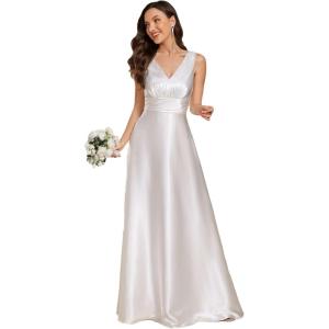 image:imageEverPretty Womens Spring Satin V Neck Formal Wedding Guest Dress Floor Length Empire Waist Prom Dresses with PocketsWhite