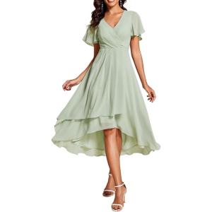 image:imageEverPretty Womens Spring Summer Chiffon Wedding Guest Dresses V Neck Ruffle Sleeves Midi Semi Formal Cocktail DressMint Green