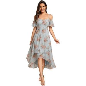 image:imageEverPretty Womens Summer Cold Shoulder HiLo Asymmetrical Hem Flowy Chiffon Short Wedding Guest Dress 02103Amber Bloom