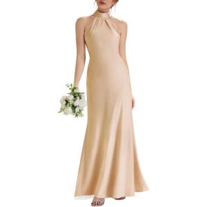 image:imageEverPretty Womens Summer Sleeveless Satin Bridesmaid Dresses Flowy Ribbons Formal Wedding Guest Dress 02707Champagne