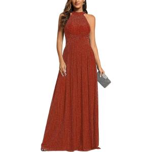 image:imageEverPretty Womens Glitter Halter Sleeveless Formal Dresses Evening Gowns Pleated Aline Wedding Guest Dress 41961Burnt Orange