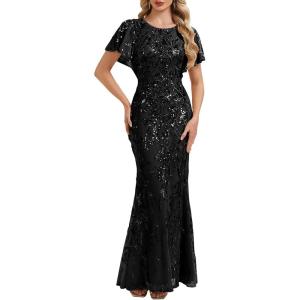 image:imageEverPretty Round Neck Sequin Formal Dresses for Women Short Sleeves Mermaid Evening Gowns Mother of Bride Dress 02585Black