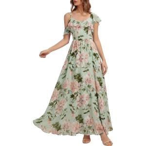 image:imageEverPretty Womens Chiffon Bridesmaid Dress V Neck Short Sleeves Ruffle ALine Floor Length Formal Wedding Guest Dress 02709Light Green Floral